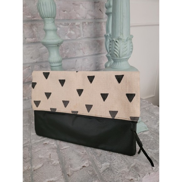Boho Foldover clutch purse, Canvas and leather, Geometry, Triangles - Picture 2 of 7